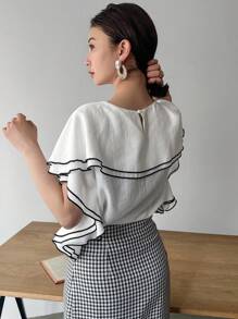 FRIFUL 女士春夏休闲撞色拼色衬衫，荷叶边