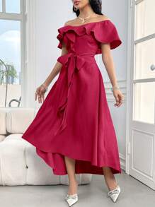 Modelyn Summer Women Elegant Off Shoulder Long Solid Color Dress With Ruffle Trim Long Evening Dresses - Rose Red - View 3