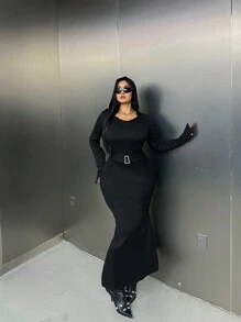 Flirla Plus Size Women's Casual Hooded Mermaid Hem Dress