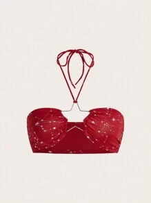 SHEIN ICON Trang trí hình ngôi sao năm cánh khoét cổ Halterneck Ren Up Crop Top - Đỏ - Xem 2