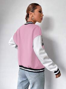 Flirla Chaqueta de béisbol casual universitaria con bloques de color y parche de letras para la primavera y el otoño