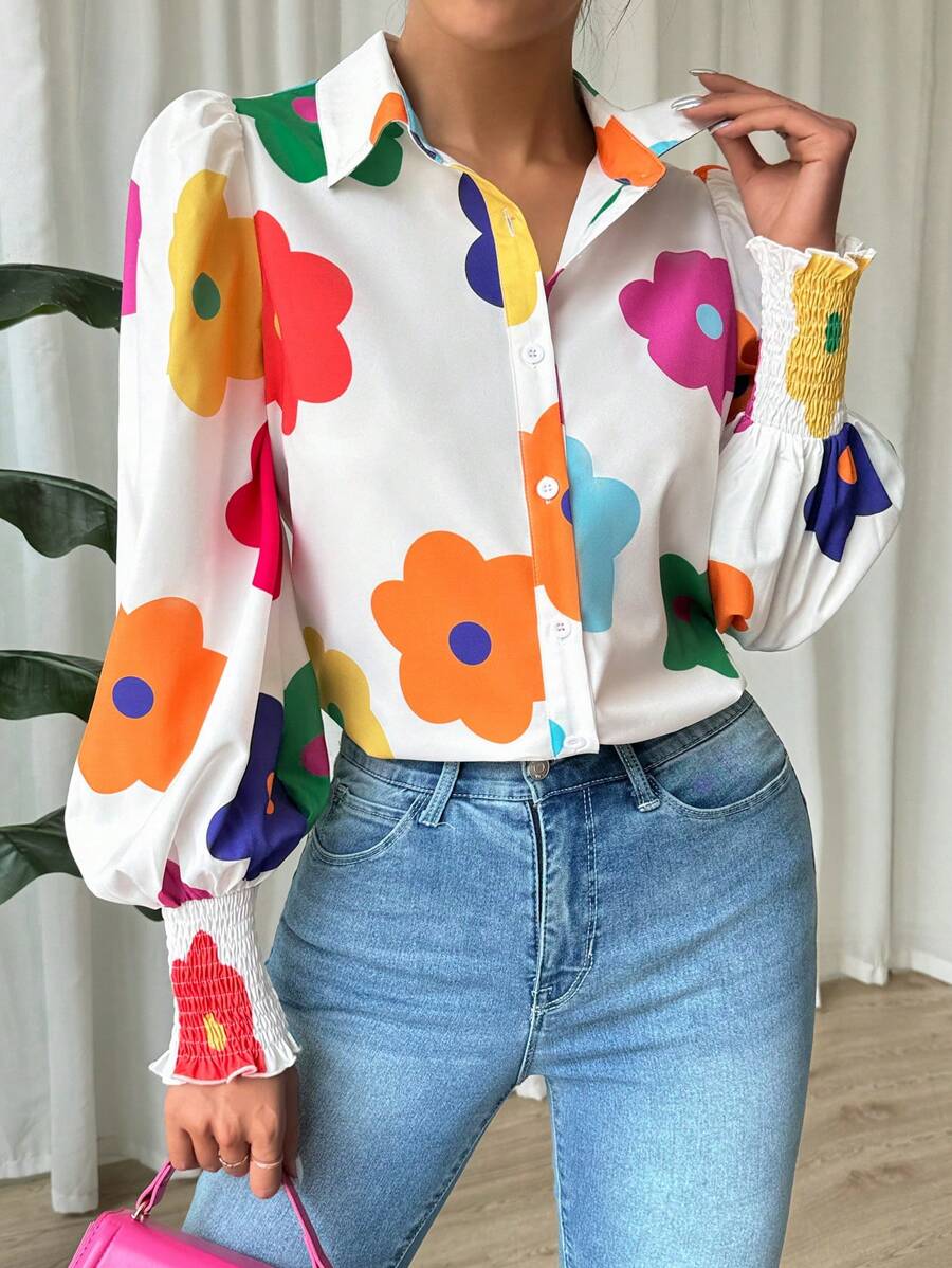 SHEIN LUNE 女士春夏假期花卉印花提花寬鬆袖襯衫 - 白色 - 查看 1