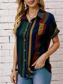 Women'S Striped Print Short Sleeve Shirt,Short Sleeve Tops - Green - View 3