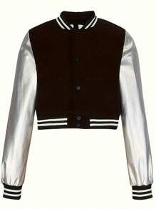 Chaqueta corta de forro polar con bordado de letras casual, abrigo de invierno grueso para mujer - Negro - Ver 3