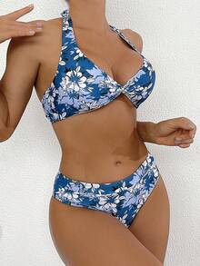 SHEIN Swim 女性花卉印花頸掛式性感比基尼套裝，適用於度假 - 彩色 - 查看 3