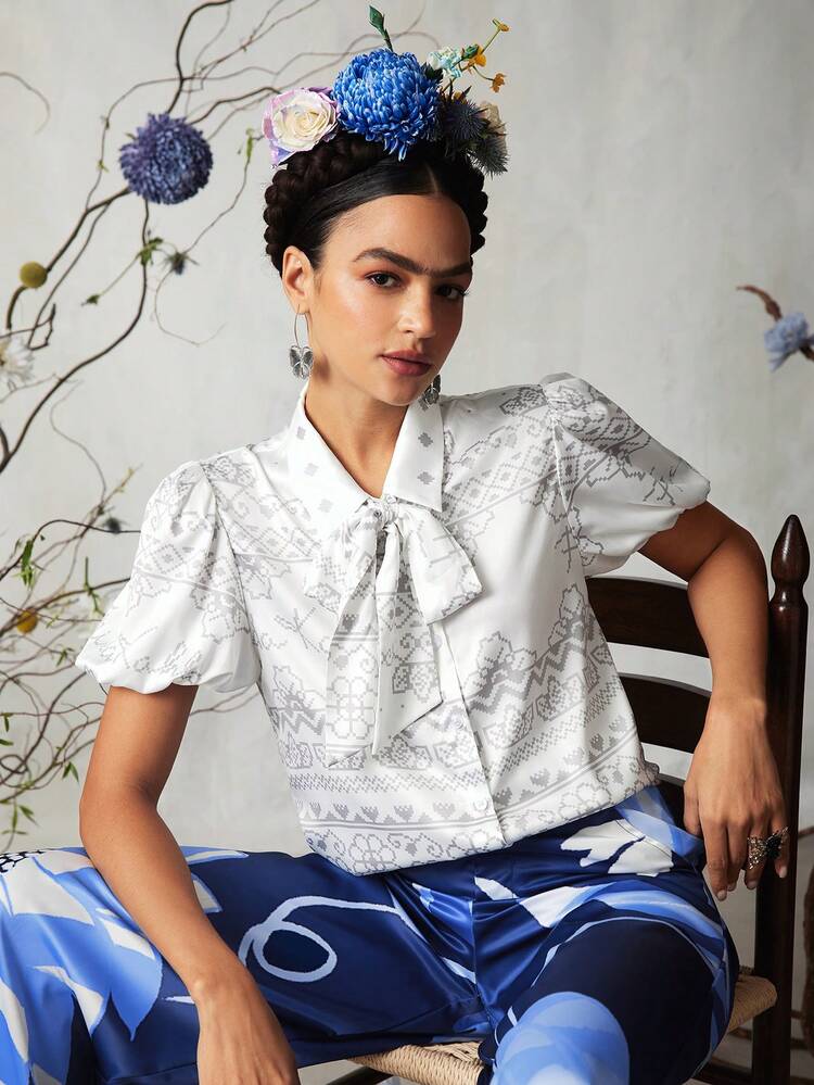 Women Business Casual Silky Printed Shirt With Detachable Tie, For Summer, Holiday, Thanksgiving, Festival, Office