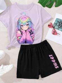 GraphicGems Teen Girls' Fashion Cartoon Character Printed Short Sleeve T-Shirt And Shorts 2pcs/Set For Summer