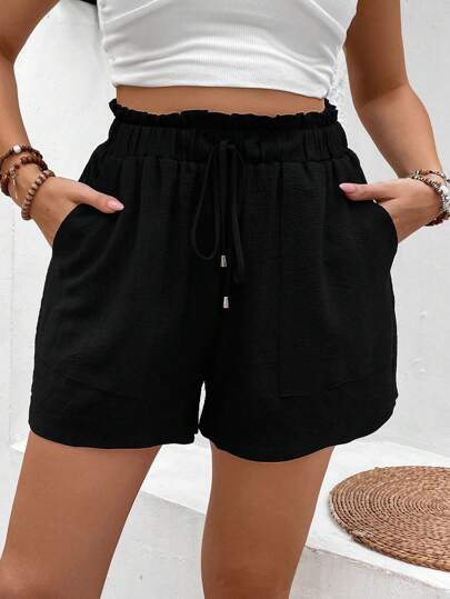 EMERY ROSE Plus Size Vacation Casual Solid Color Paper Bag Waist Shorts
