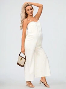 SHEIN Maternity Romantic Garden Young And Elegant Printed Ruffle Strap Wide-Leg Jumpsuit - Green - View 6