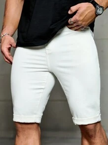Manfinity Homme Men White Skinny Knee Length Denim Shorts