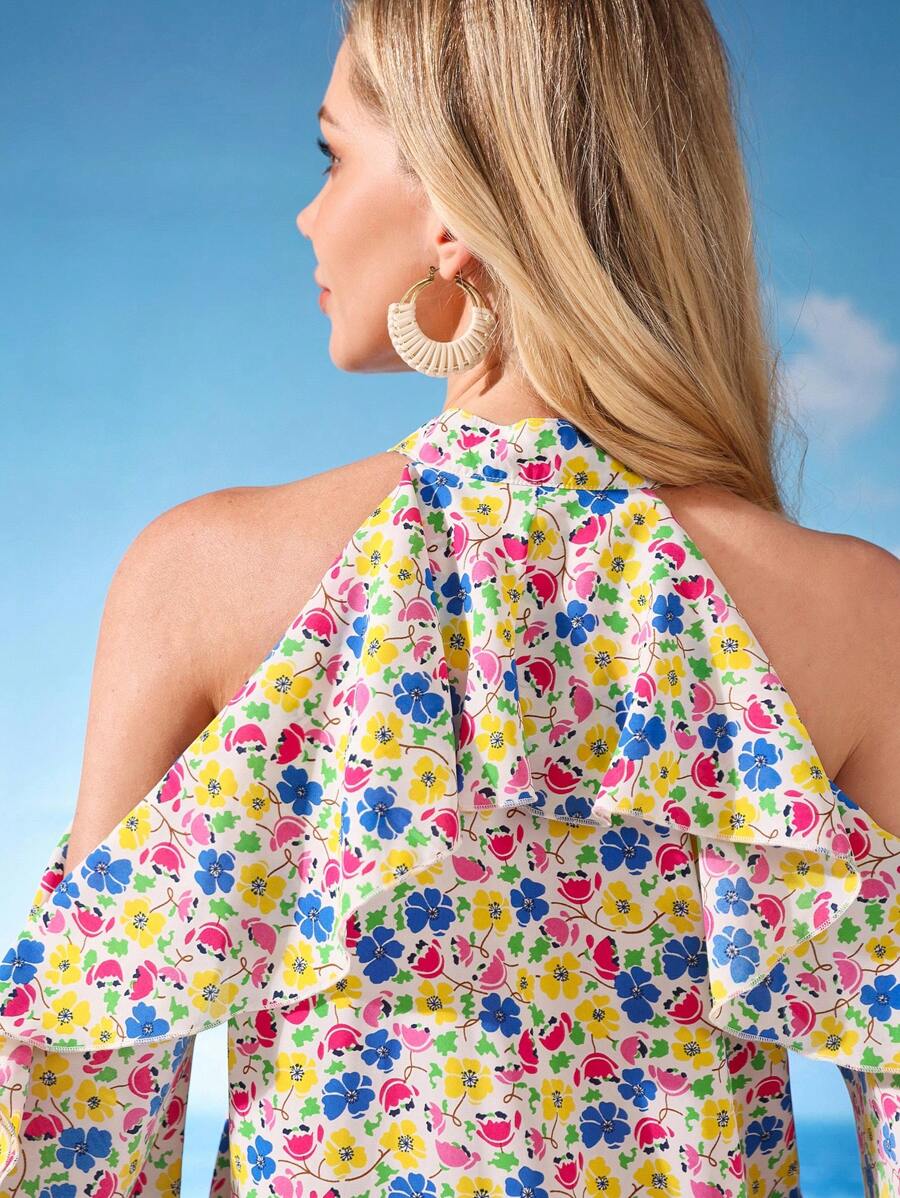 GENKIRA Random Print Half Placket Ruffled Off-Shoulder Sleeve Women Short Dress Fall Cloth For Women - Multicolor - View 1