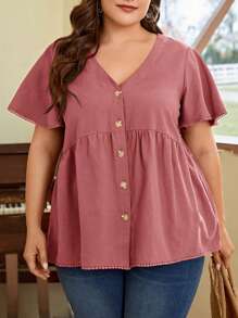SHEIN LUNE Plus Size Women V-Neck Ruffled Short Sleeve Loose Shirt With Single Breasted Button For Summer - Dusty Pink - View 3