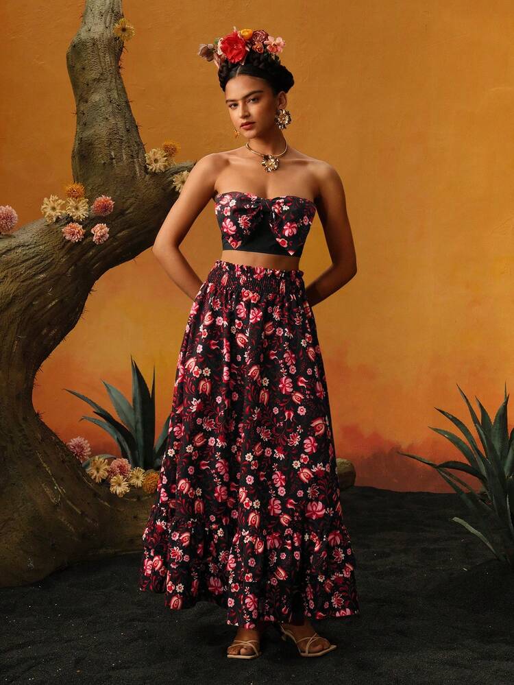 Women Floral Print Tube Top With 3D Bow Knot, Summer, For Summer, Holiday, Vacation, Going Out, Festival