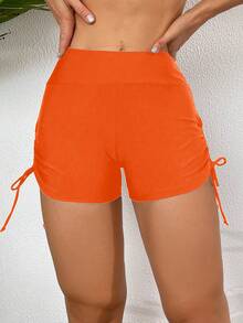 SHEIN Swim Women Summer Beach Solid Drawstring Swim Shorts For Vacation - Orange - View 4
