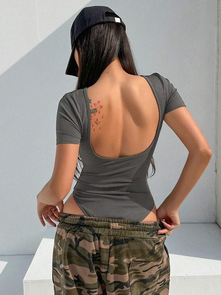 Women Short Sleeve Bodycon Bodysuit With Round Neck For Summer Y2k