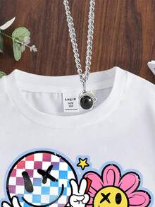 Tween Girl Casual Simple Cartoon Smiling Pattern Short Sleeve T-Shirt Round Neck Suitable For Summer Wear - White - View 3