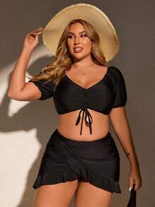 SHEIN Swim Curve Plus Size Solid Color Beach Swimwear Set Including Three Pieces: Bikini Set, Beach Skirt And Cover Up,Summer Beach - Black - View 4