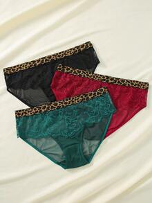 Wedaily Women Fashion Leopard Print Lace Splicing Triangle Panty ,3 Pcs - Multicolor - View 4