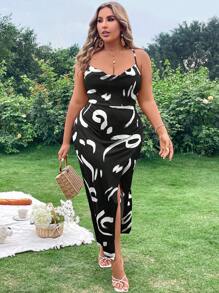 SHEIN Clasi 加大尺碼女士隨機印花十字交叉繫帶中長款連衣裙 - 黑色 - 查看 7