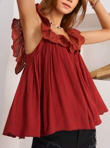 Bohemela Women Summer Flowy Vacation Top With Square Neckline, Sleeveless Design And Ruffled Hem - Burgundy - View 5