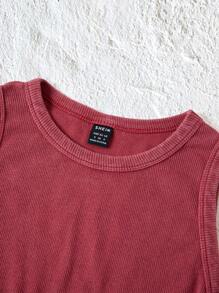 SHEIN EZwear 夏季复古纯色弧形下摆褶皱背心 - 鏽棕色 - 查看 5