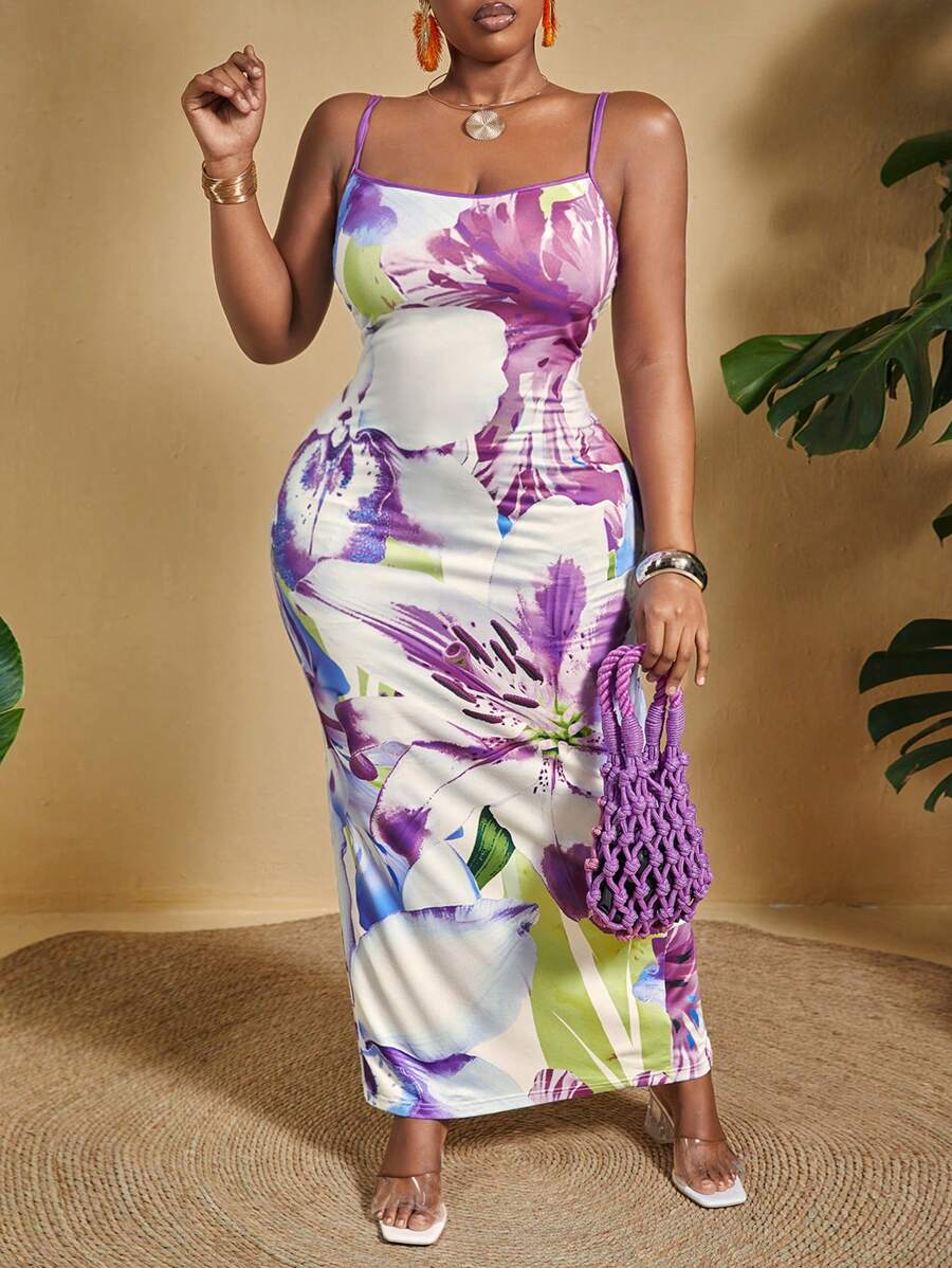 Slaydiva Plus Size Slim Fit Floral Printed Spaghetti Strap Dress For Vacation - Purple - View 1