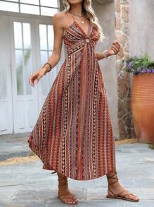 Breezaya Vestido largo estilo vacacional con estampado floral, cuello halter, eslabones circulares y aberturas laterales - Outfit para playa vacacional