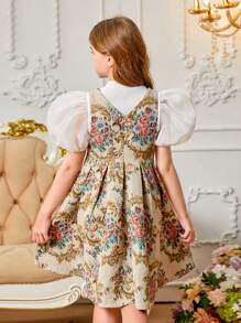 SHEIN Tween Girl Casual Stand Collar Puff Sleeve T-Shirt Dress 2pcs/Set - White - View 2