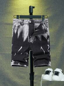 SHEIN Short en jean noir délavé pour garçon préadolescent, décontracté, à la mode et confortable pour l'été, haute élasticité - Noir - Voir 1