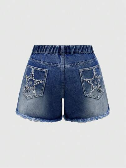 Goth سراويل جينز قصيرة مزينة بالتطريز بنجوم على الجيوب الخلفية، مقاس كبير للنساء