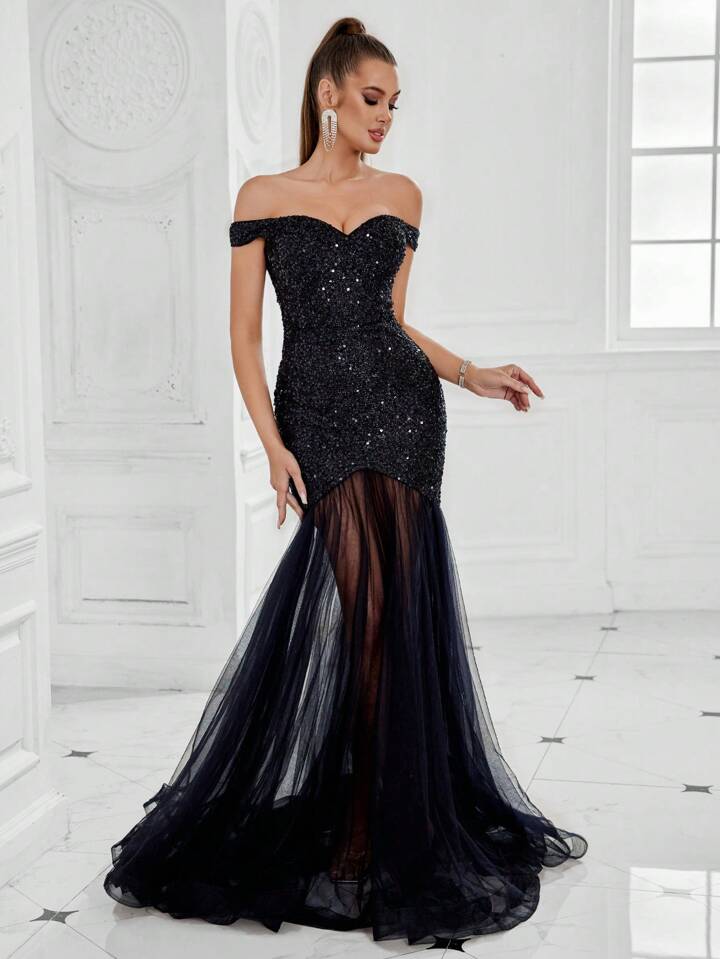 Beading mesh splicing pleated maxi dress 2025