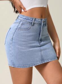 Flexra Women Summer Casual Slim Fit Washed Denim Mini Skirt - Medium Wash - View 1