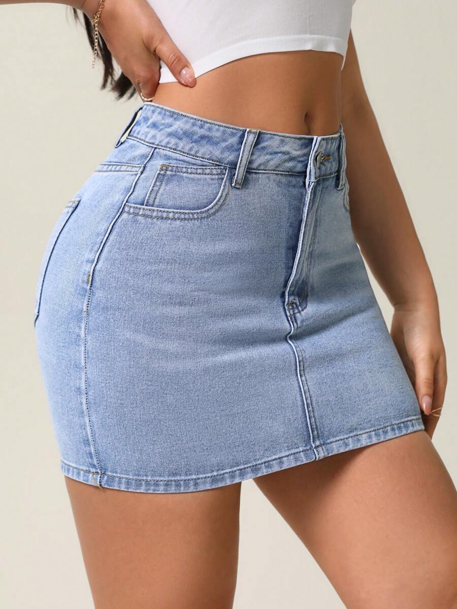 Flexra Women Summer Casual Slim Fit Washed Denim Mini Skirt - Medium Wash - View 1