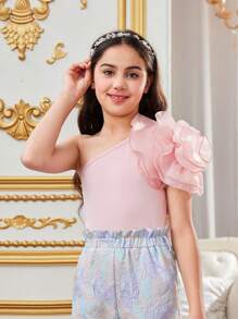 SHEIN Tween Girl Cute Light One Shoulder Palace Style 3D Flower T-Shirt - Pink - View 4