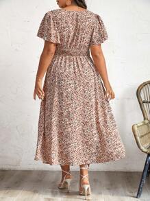 SHEIN Frenchy Plus Size Summer Floral Print A-Line Dress With Waist Tie And Ruffle Sleeves - Multicolor - View 6