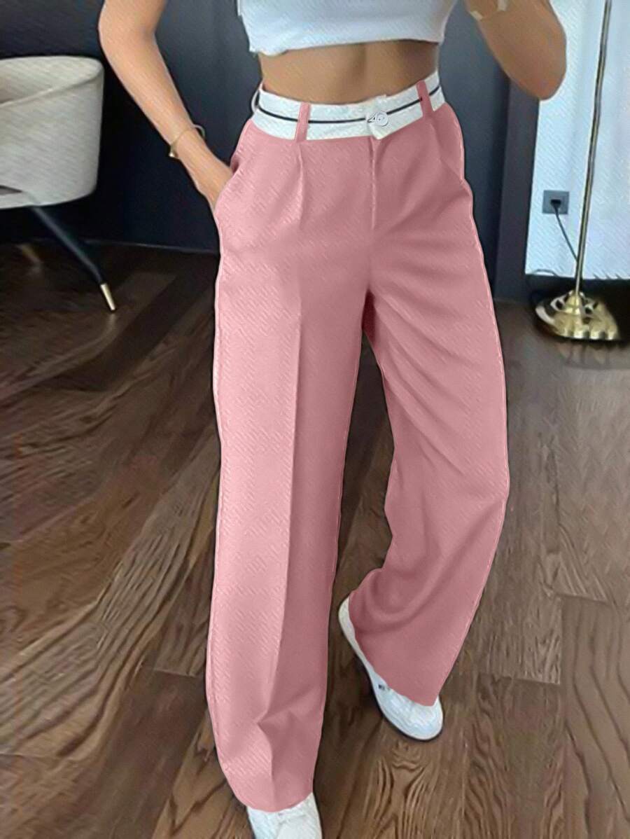EURMUSE Pantalones De Traje Anchos Plisados De Cintura Alta Con Bloques De Color - Rosa Pálido - Ver 1