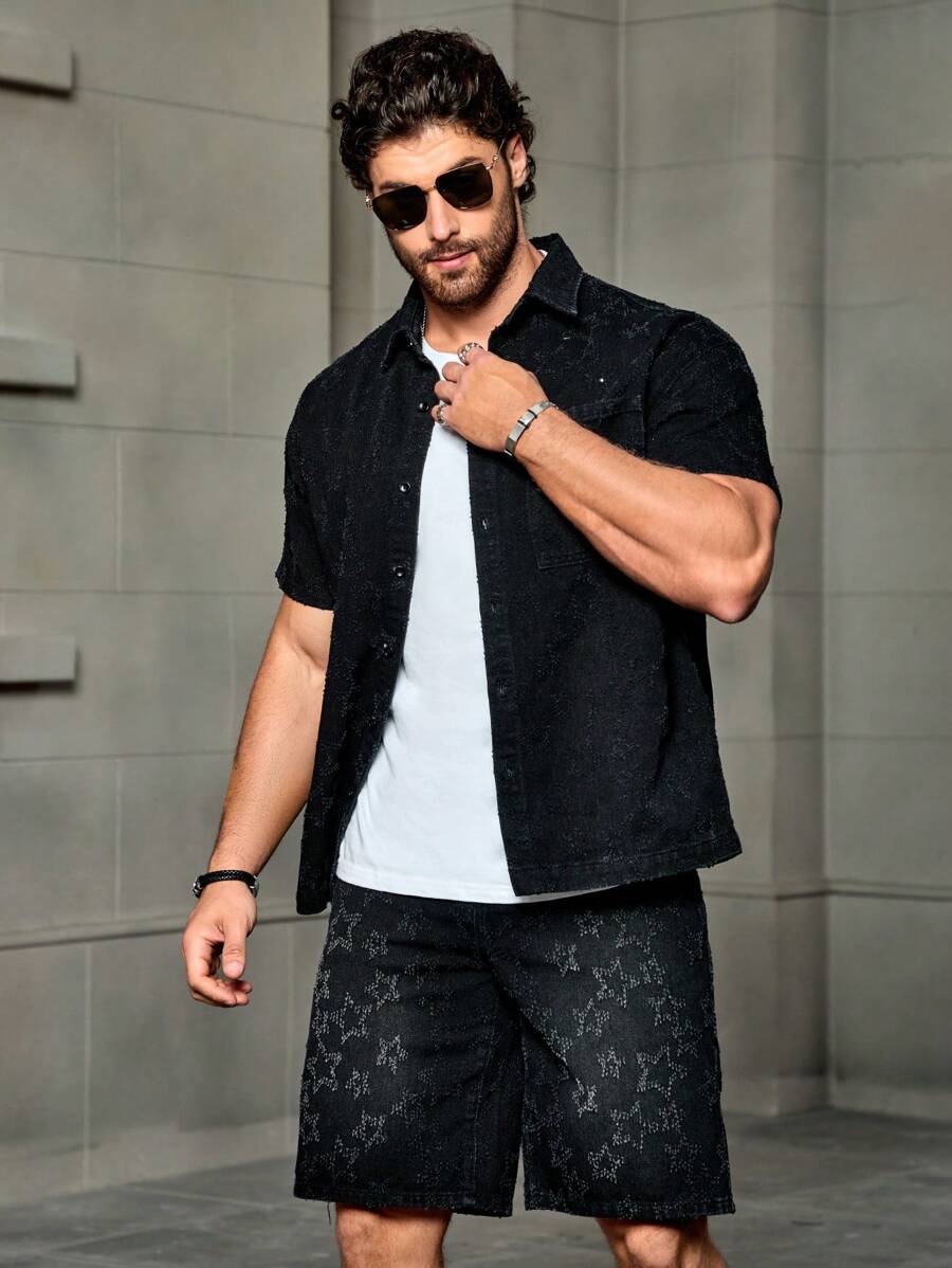 Manfinity Homme Men Casual Star Pattern Button Up Denim Shirt & Denim Shorts Set