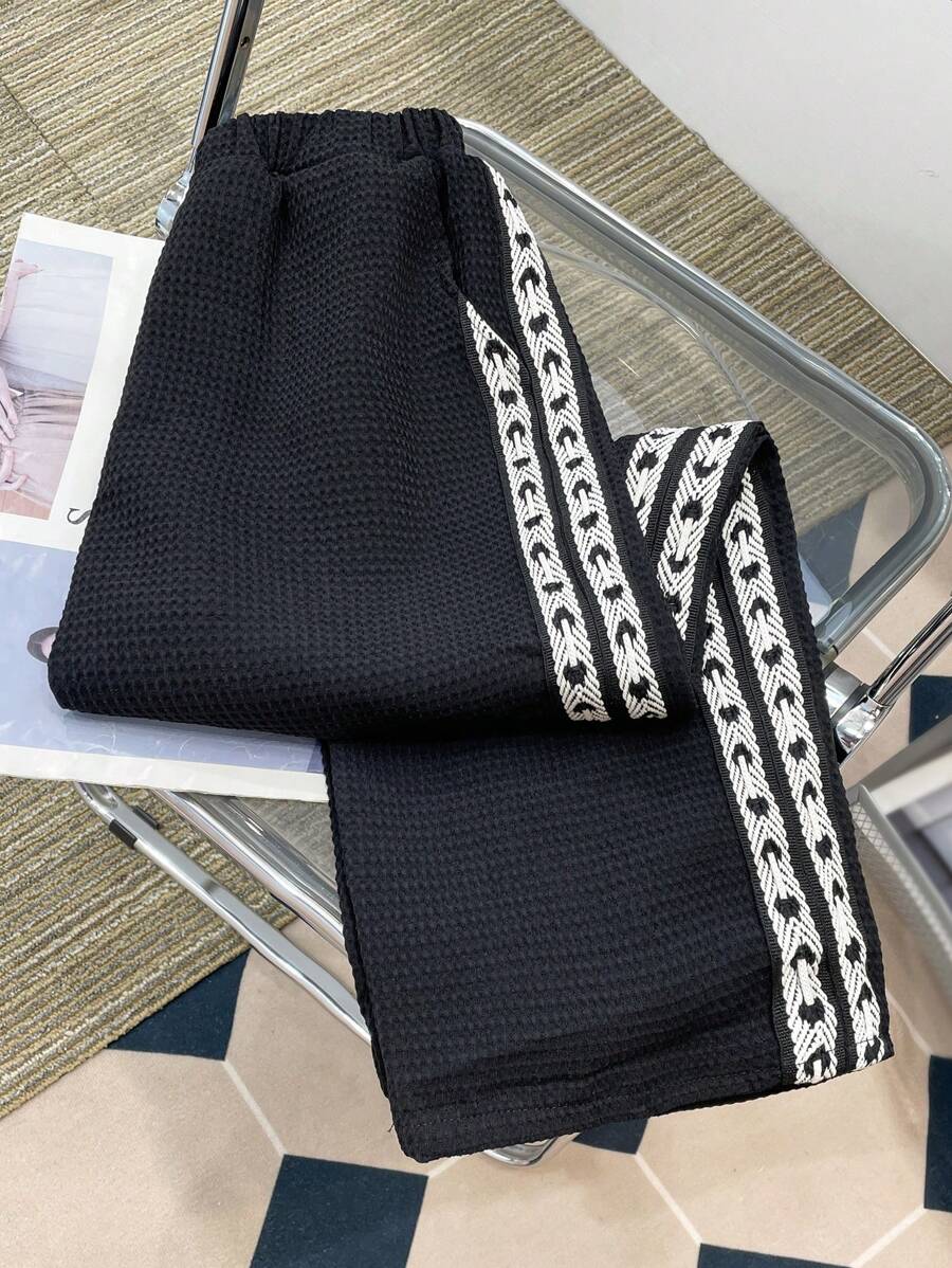 SHEIN 少年男童寬鬆休閒條紋直筒褲 - 黑色 - 查看 1