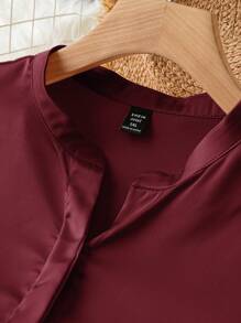 Rometta Plus Size Solid Color Notched Neck Batwing Sleeve Holiday Casual Blouse With Notched Collar - Burgundy - View 4