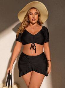 SHEIN Swim Curve Plus Size Solid Color Beach Swimwear Set Including Three Pieces: Bikini Set, Beach Skirt And Cover Up,Summer Beach - Black - View 5