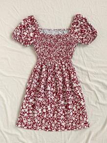 Soleia Vestido de verano de manga corta para mujer con cuello cuadrado y estampado floral estilo bohemio - Burdeos - Ver 2