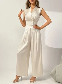 Firerie Ensemble Deux Pièces Pour Femme : Haut Sans Manches À Col Châle Boutonné À L'avant Et Pantalon - Nude - Voir 3