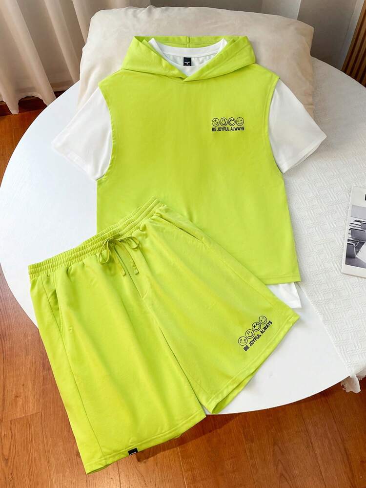 Men Knitted Casual Short Sleeve Hooded Vest And Shorts Three-Piece Set