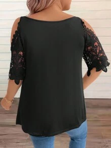 Celure T-shirt d"été grande taille à col rond large en dentelle unie