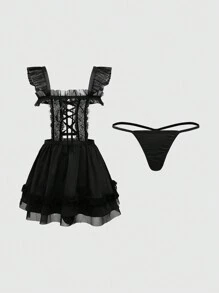 ROMWE Goth 黑色哥德式網紗角色扮演性感女式連衣裙套裝，附丁字褲 - 黑色 - 查看 1