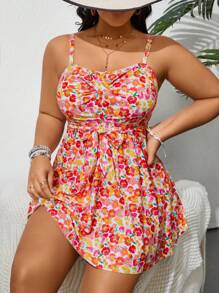 SHEIN Swim Curve Plus Size Summer Beach Vacation Style Ditsy Print Tankini Set, Suitable For Pool