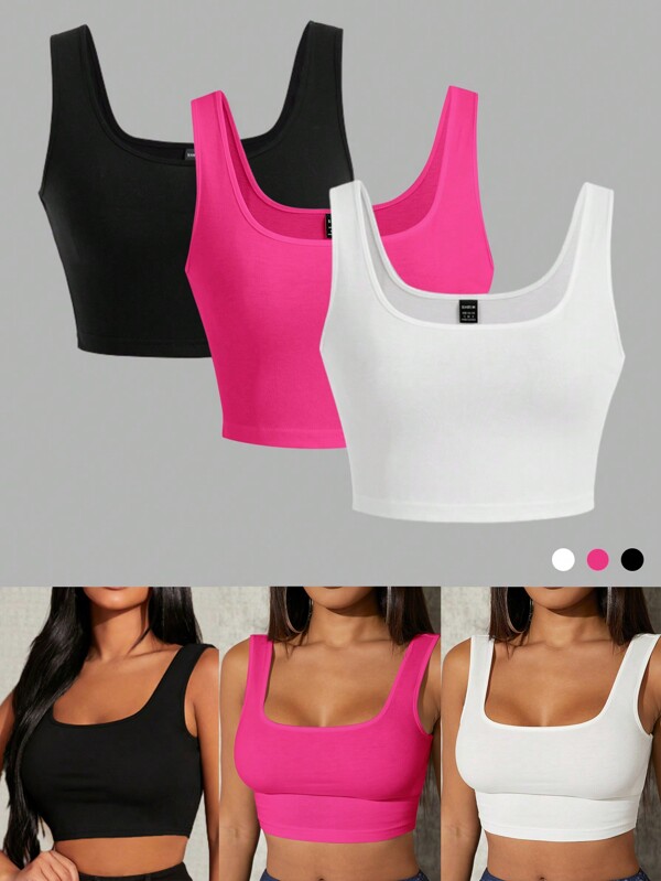 SHEIN SXY Women 3pcs/Set Summer Solid Slim-Fitting Simple And Versatile Crop Tank Top For Many Occasions
