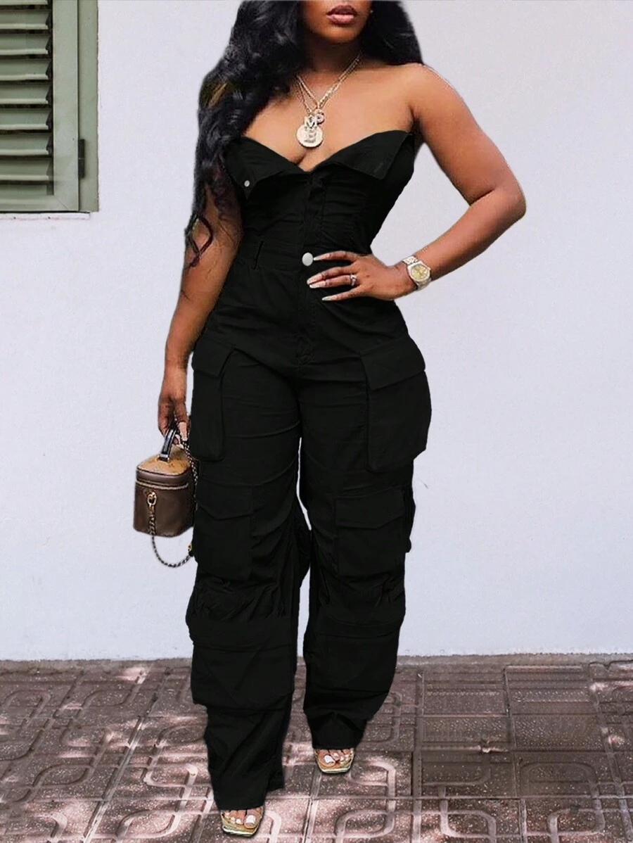 Women's Solid Color Pleated Casual Jumpsuit With Tube Top, Summer - màu đen - Xem 1