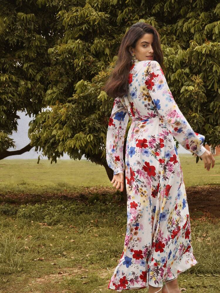Floral Print Waist-Tied Lantern Sleeve Long Dress, Perfect For Vacation