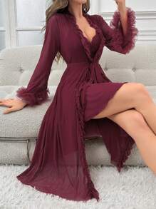 Women Solid Color Lace Patchwork Backless Halter Neck Nightgown With Ruffle Hem Robe Sleepwear Set Pajama Set